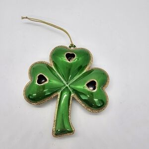 Roman Inc Green Shamrock Christmas Ornament Metal Gold Glitter Edges Bells 2007
